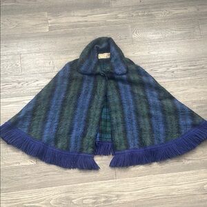 Fraser Cameron | Blue and Green Plaid Wool Cape with Fringe / Mohair and Wool